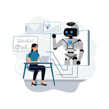 Woman working with a robot assistant vector