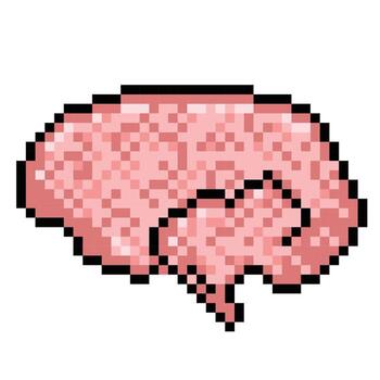 Human brain pixel 8 bit styled colorful illustration isolated on square white background. vector