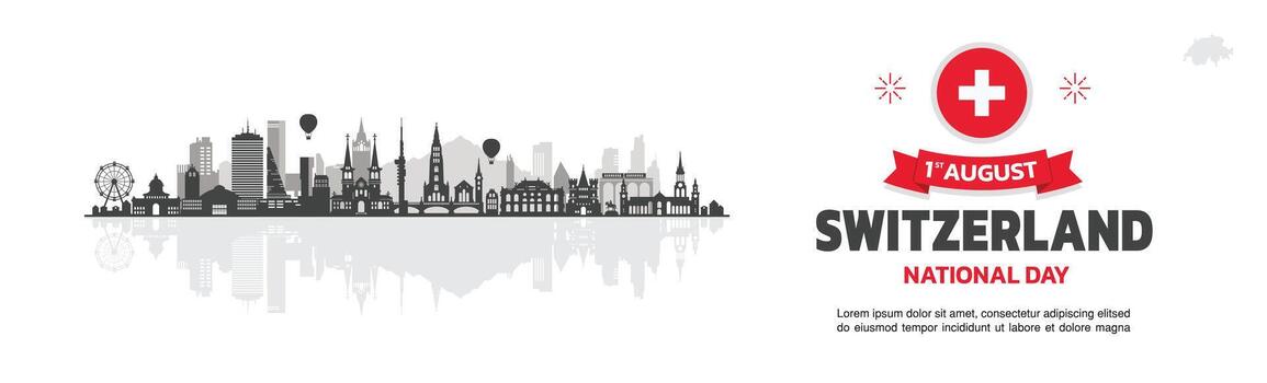 switzerland Independence Day Design with buildings and icons, Background, Design, Greeting, Template and Swiss skyline greeting. 1st August design with swiss map and flag vector