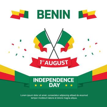 Benin Independence Day design, August 1st design element box template with flag and at the bottom on green background, Benin map and flag vector