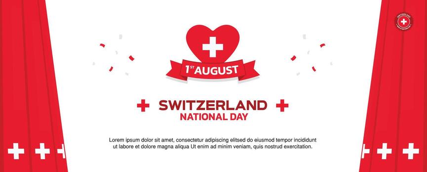 switzerland Independence Day Design, minimalist template of August 1st design elements with flag curtains on both sides, switzerland map and flag in poster and banner form vector