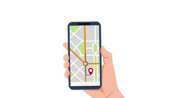 mano participación móvil con navegación ciudad mapa. móvil aplicación con mapa. GPS navegación en teléfono inteligente móvil navegador. 4k animación en plano estilo video