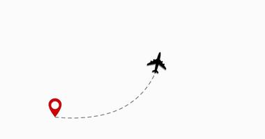 volante aereo e in partenza un' tratteggiata linea tracciare nel cuore modulo. aereo volante a partire dal uno pointer per altro. romantico e amore viaggio concetto. 2d piatto animazione video