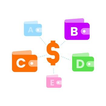 Illustration of dollar symbol with multiple wallets. financial diversification, investment portfolio management, and money distribution. for personal finance, asset allocation, planning, and wealth vector