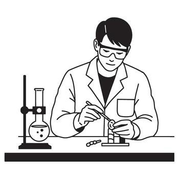 Scientist in a lab coat conducting an experiment with beakers and glassware in a laboratory vector