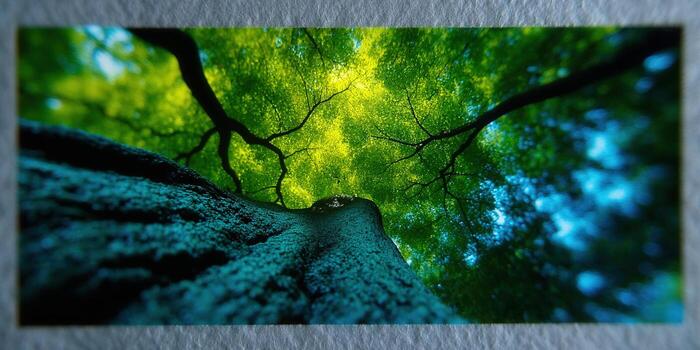 Looking up through a tree, vibrant green leaves and sunlight fill the frame. photo