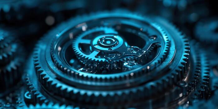 Intricate clockwork mechanism with detailed gears in mesmerizing blue tones. photo