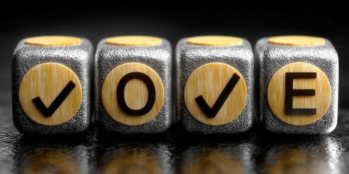 Dice spelling 'vote' with checkmarks, conveying a message about elections. photo