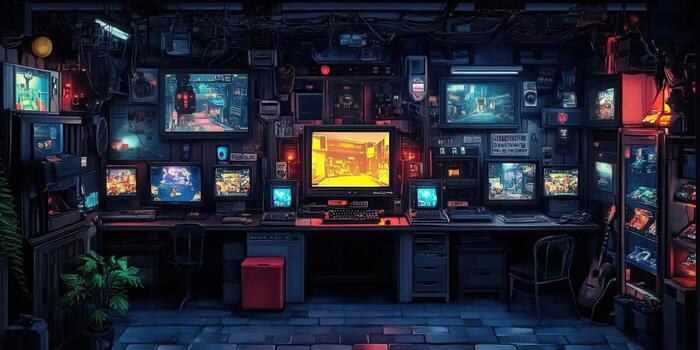A cyberpunk-themed control room filled with glowing monitors and retro tech. photo