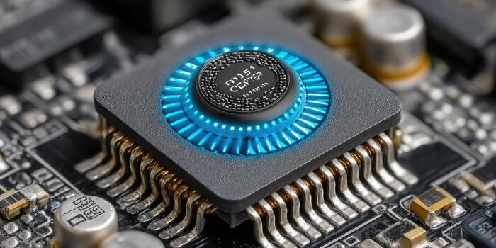 Intricate close-up view of a computer processor with glowing blue light, highlighting its complexity. photo