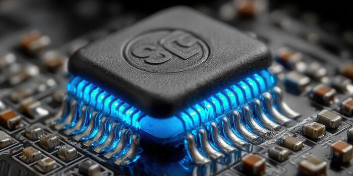 The photo captures a detailed shot of a CPU on a circuit board with a bright blue glow.