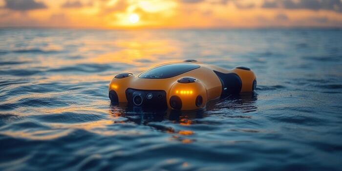 The image shows a sleek, yellow autonomous underwater vehicle on the water with a sunset in the background. photo