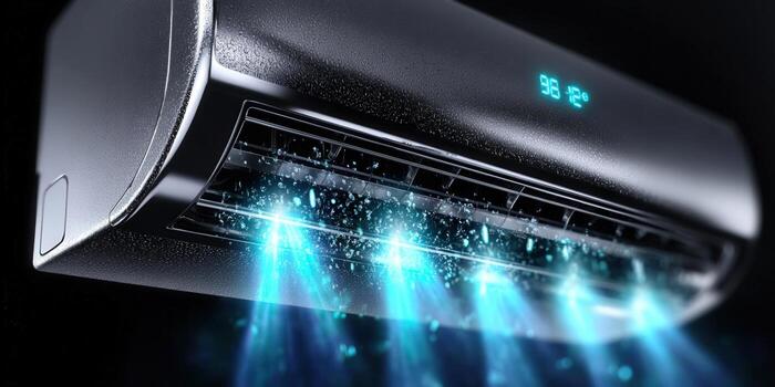 Modern air conditioning unit with a digital display blowing out cold air. photo