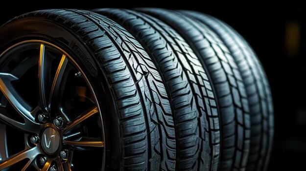 A row of new car tires and alloy rims in a studio setting. photo