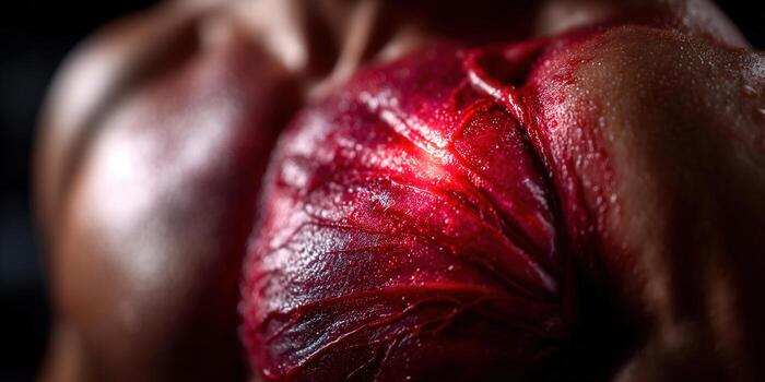 Intimate view of a vibrant muscle, capturing intricate textures and rich details. photo