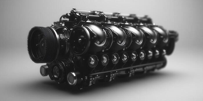 Close-up of a highly detailed and sleek black engine, showcasing mechanical design. photo