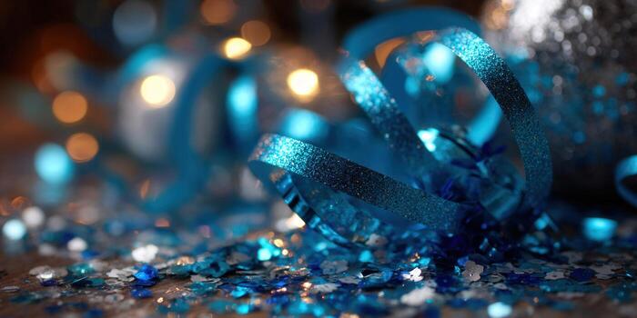 Close-up of vibrant blue ribbons and confetti, with a soft bokeh background. photo