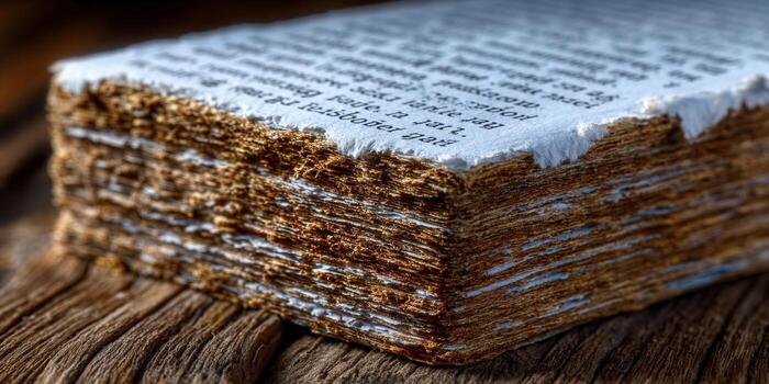 An old book's torn pages create a rich textural study on a wooden surface. photo