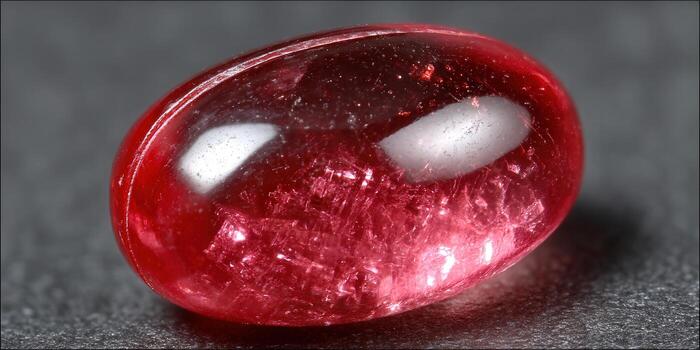 This macro photograph features a vibrant red gem with stunning internal details and a glossy sheen. photo