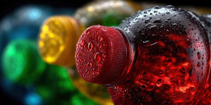 Macro shot of colorful soda bottles with water droplets, refreshing and vibrant. photo