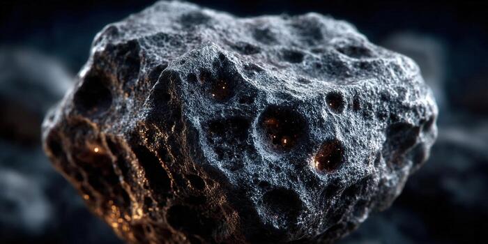 Detailed close-up of a pockmarked asteroid with glowing internal features. photo