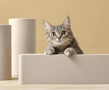 curioso gris atigrado gato echar un vistazo terminado rectangular objeto foto