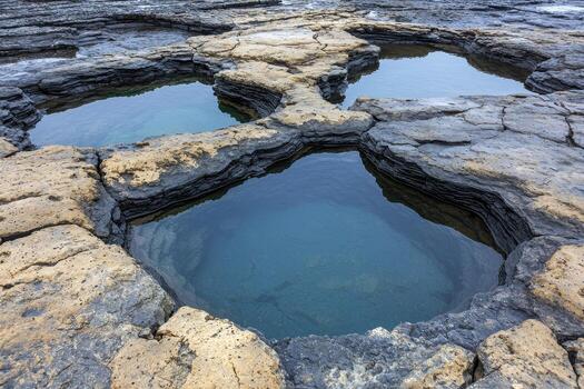 Natural tide pools formed by oval shaped rock formations create serene coastal scene photo