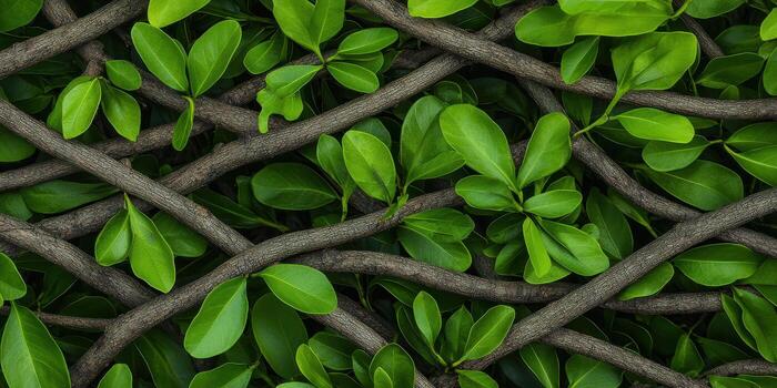 Lush green leaves intertwine with branches, creating vibrant natural tapestry photo