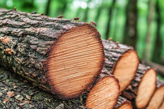 Close up of cut logs forest with insects crawling surface photo