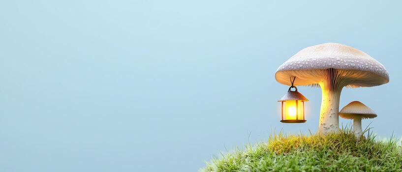 mágico escena presentando hongos con brillante linterna, evocando preguntarse y tranquilidad foto
