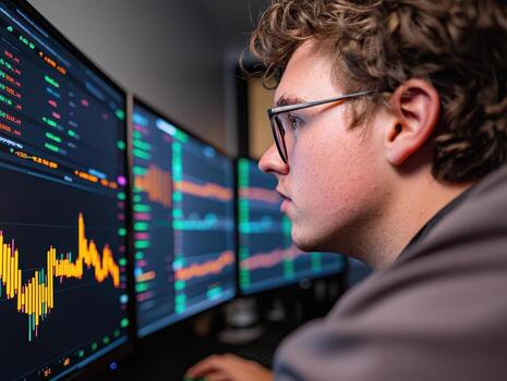 focused individual analyzing stock market data multiple screens, immersed investment strategies photo