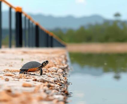 turtle walks along calm riverbank, enjoying serene environment photo