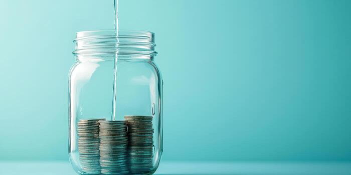 stream of water flows gently into jar filled with coins, symbolizing savings and investment photo