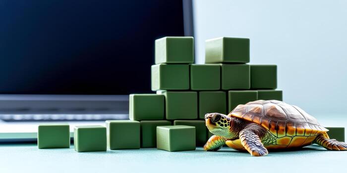 turtle resting on green blocks near laptop, creating calm and playful atmosphere photo