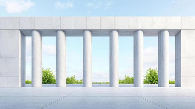 Modern concrete pillars create serene architectural space with greenery outside photo