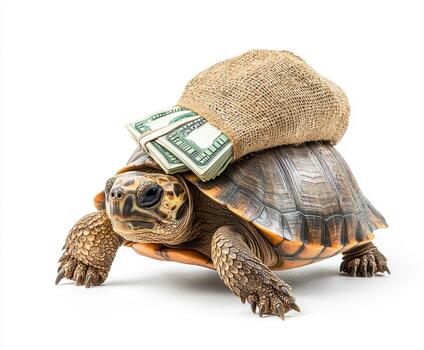 turtle carrying bag of money on its back, showcasing unique and whimsical scene photo