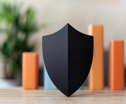 Black shield icon symbolizes protection in front of financial bar chart, representing security, Defensive Investment Concept. photo