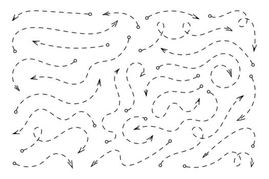 A set of arrows with a dotted line. The image includes various shapes and directions of dotted arrows, drawn in black lines on a white background, in a simple, graphic. vector