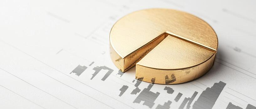 Golden pie chart on financial documents symbolizes growth and analysis photo