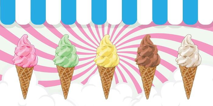 -Colorful ice cream cones on a radial background with swirling patterns. Foreground has colorful clouds and hanging flags. vector