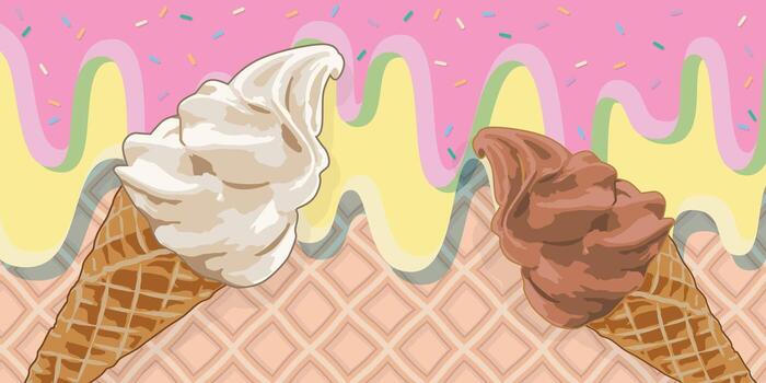 Ice cream cone with cream and chocolate on melted dessert background with waffle cone texture vector