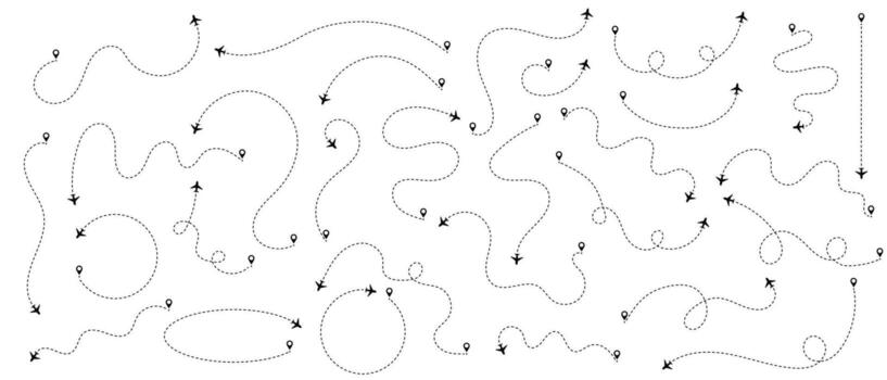 Line with plane icon for travel and flight trip, air map. Dashed route with dots and trace for airport plan or destination background. Simple graphic elements set vector