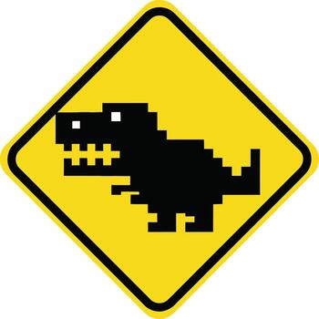 Dinosaur Crossing Warning Sign Pixel Art for Games, Retro Tech, and Tech Humor, Pixelated T-Rex Alert, Geeky Style, Retro Gaming Graphics vector