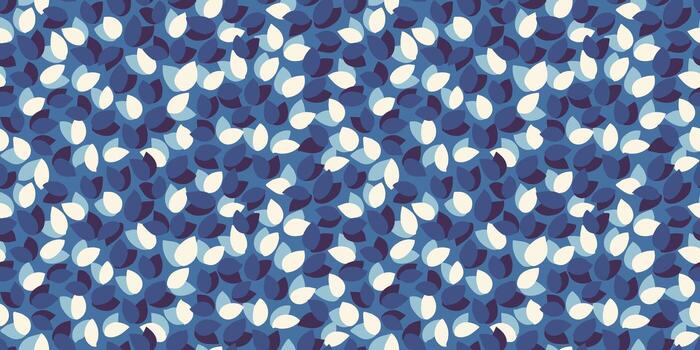 Seamless pattern featuring abstract petal like shapes in navy, soft blue, and white on a blue background. Modern, playful, and stylish, ideal for textiles, wallpapers, and branding vector