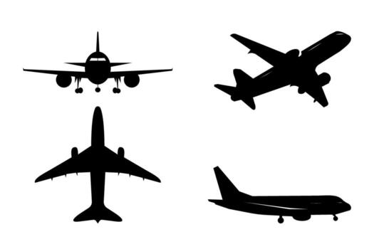 Set of commercial airplane silhouettes in different angles on white background. Includes top view, side view, front view, angled view. Perfect for aviation-themed designs, travel, transportation vector