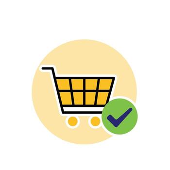 Checkout icon. E-Commerce and Promotions. Shopping cart with a check mark above it in a circle. market, sale, buy. flat design style. vector