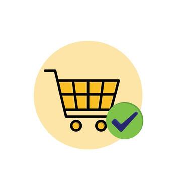 Checkout icon. E-Commerce and Promotions. Shopping cart with a check mark above it in a circle. market, sale, buy. Isometric design style. vector