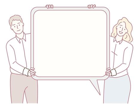 A couple is playfully holding an empty speech bubble, representing open communication and dialogue vector