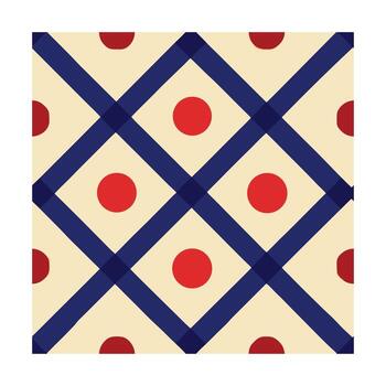 Repeating pattern red circles blue diagonal lines on cream geometric abstract vector