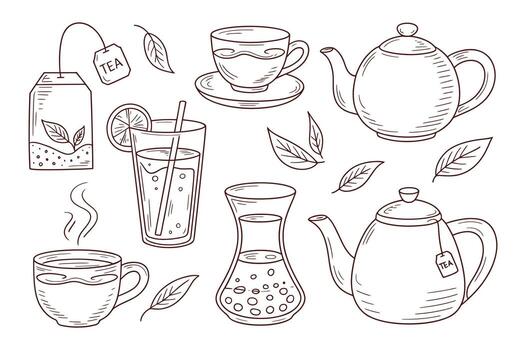 té hora ilustración con teteras tazas y bebidas artístico línea dibujo para impresión y digital utilizar vector